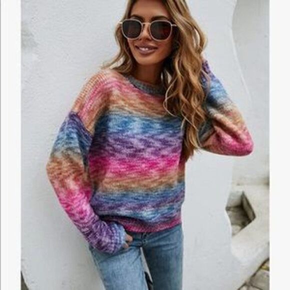 New Gradient Color Block Knit Pullover Sweater - Picture 2 of 5